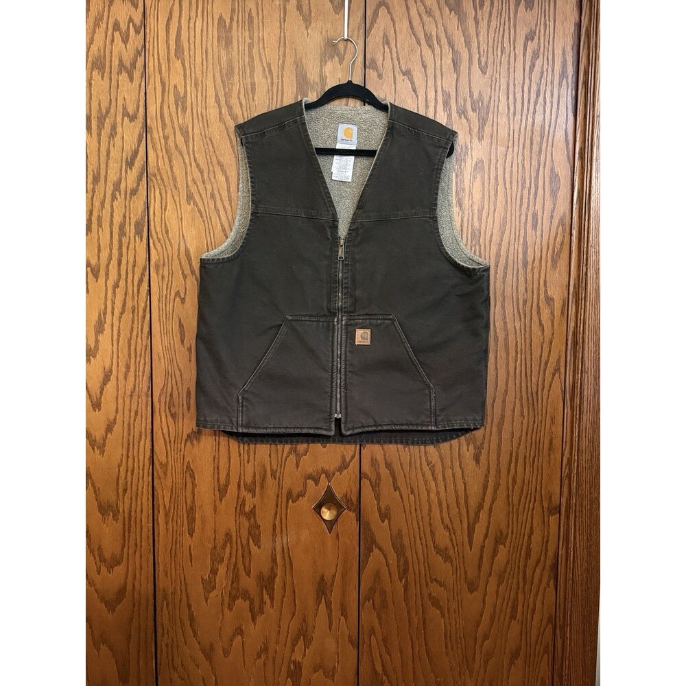 Carhartt Men's Vest Duck Brown Sherpa Lined Canvas Workwear Size Large